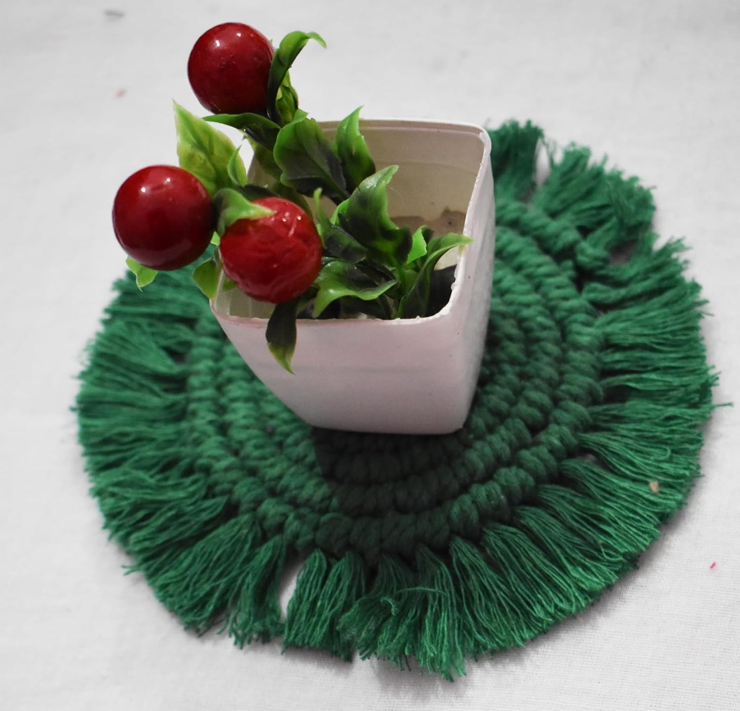 Green Macrame Handwoven Cotton Coaster Set – 6" Diameter, 2-Pack