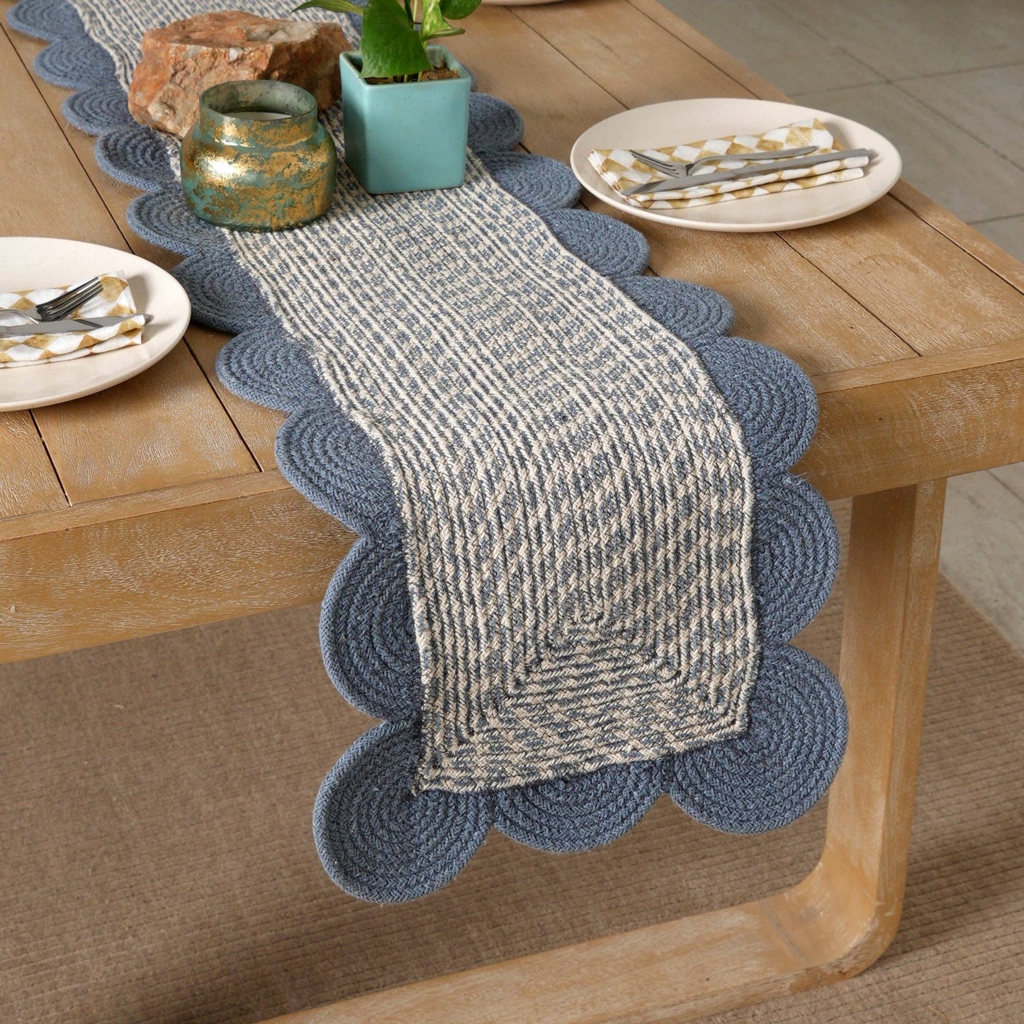 Blue Cotton Braided Table Runner – Handcrafted Dining Decor