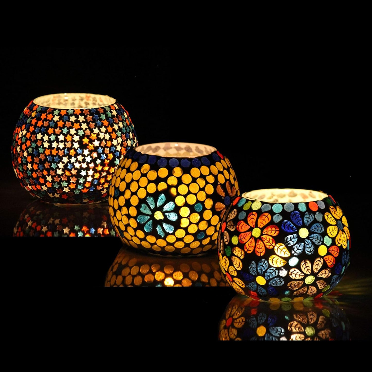 Beautiful Glass Mosaic Hand-finished Tealight Votive Holders Set of 3 | Diwali, Christmas, Home Decor Gifting Centerpiece