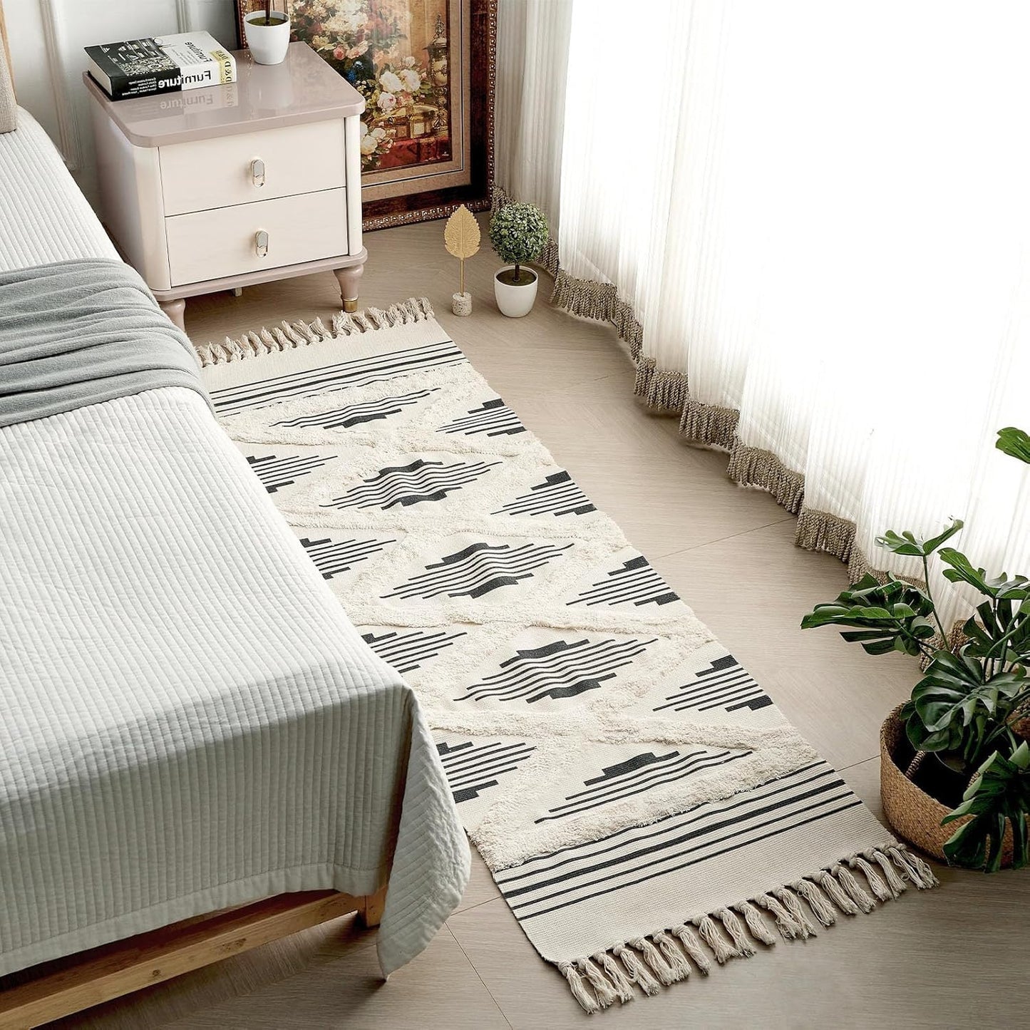 Modern Hand Woven 100% Cotton Zigzag Rug Runner 2x5 ft | Designer Carpet for Bedroom Living Room Floor Decor