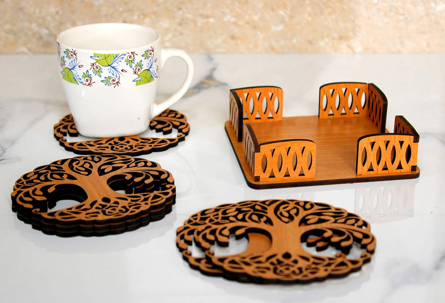 Tree of Life Wooden Coasters with Holder - Set of 6 (3.5") | Elegant Table Decor & Drinkware Gift