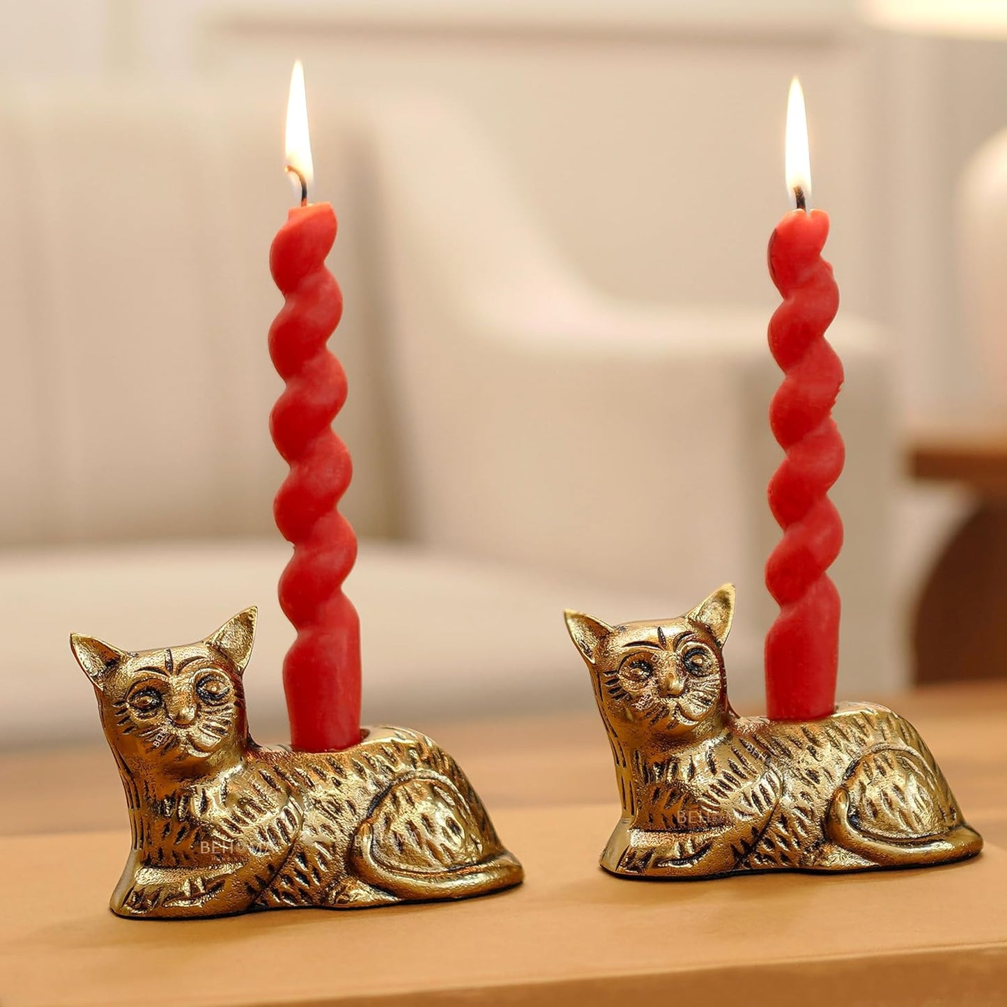 Antique Gold Cat Candle Holder Statue Set of 2 | Decorative Home Decor Figurine, Table Centerpiece, Gift