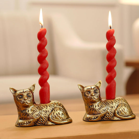 Antique Gold Cat Candle Holder Statue Set of 2 | Decorative Home Decor Figurine, Table Centerpiece, Gift