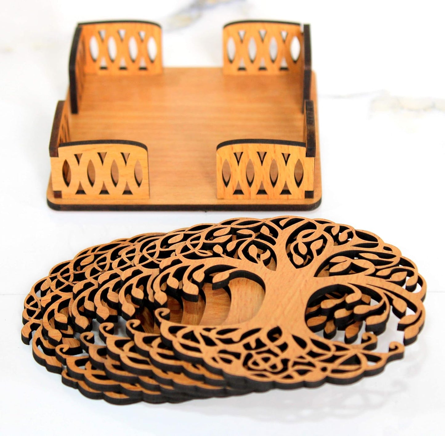 Tree of Life Wooden Coasters with Holder - Set of 6 (3.5") | Elegant Table Decor & Drinkware Gift