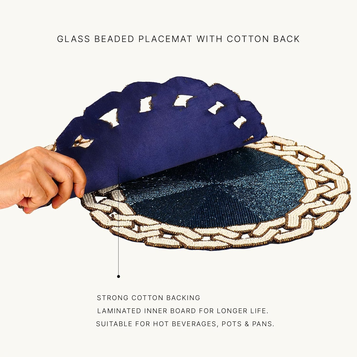 Handcrafted Chained Glass Beaded Placemat 14" Round Single | Easy Clean, Heat-Resistant, Non-Slip for Dining, Coffee Table Decor, Blue White