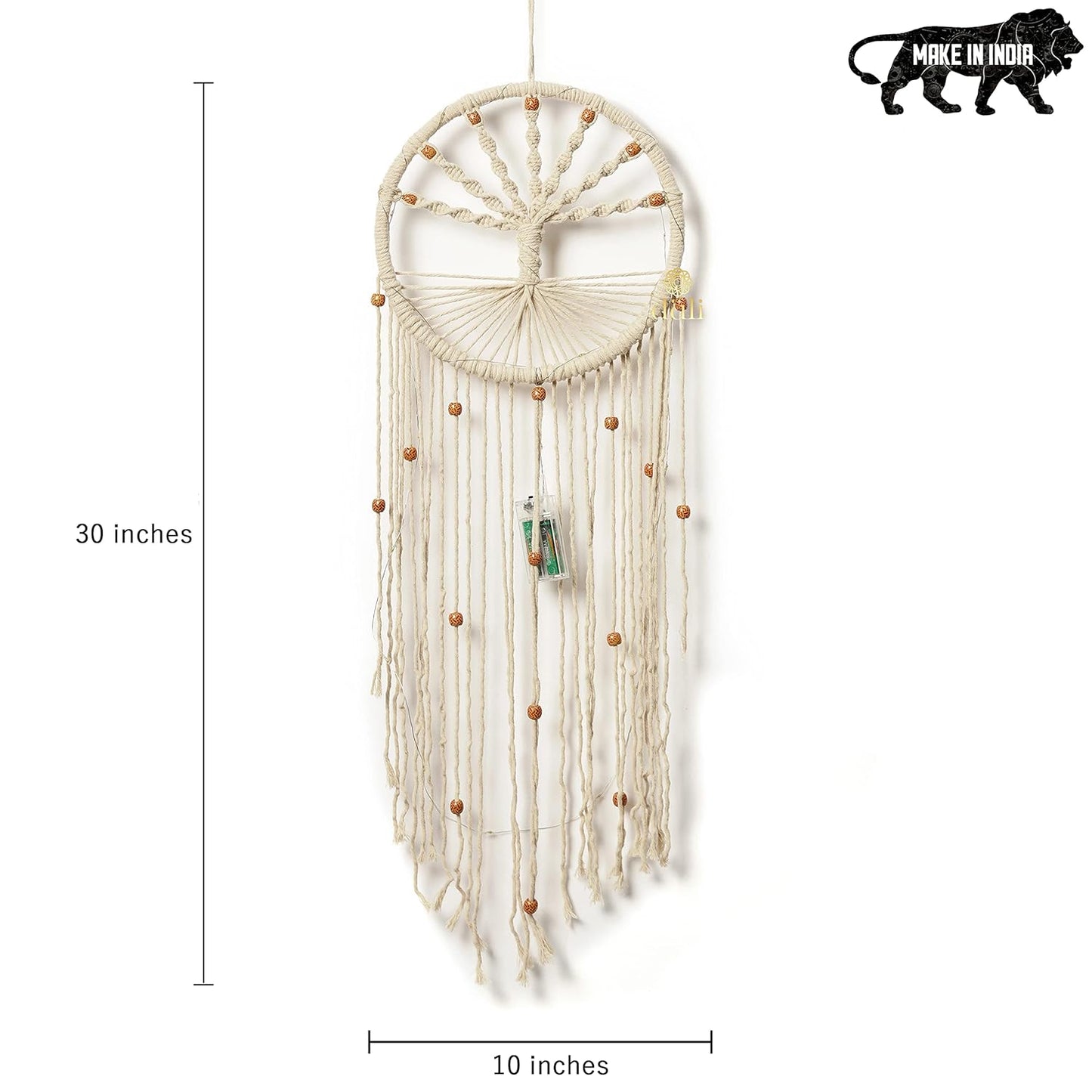 Artisan Macrame Wall Hanging – Tree of Life Motif – LED Illuminated Cotton – 76cm