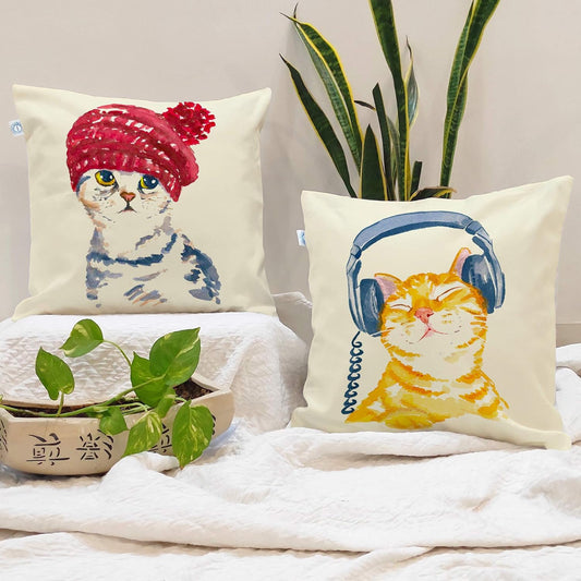 Decorative Jute Cushion Covers – Cat Print Pillow Cases – Indoor and Outdoor Decor – 16x16 Inch Set of 2