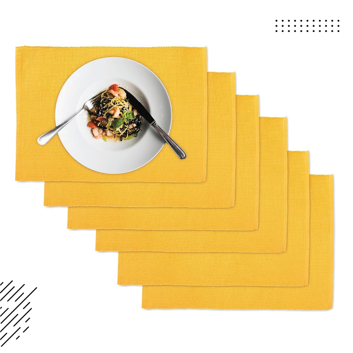 Handmade Yellow Ribbed Cotton Dining Table Mats Set of 6, 48x32 cm | Heat-Resistant, Washable Placemats for Kitchen & Dining