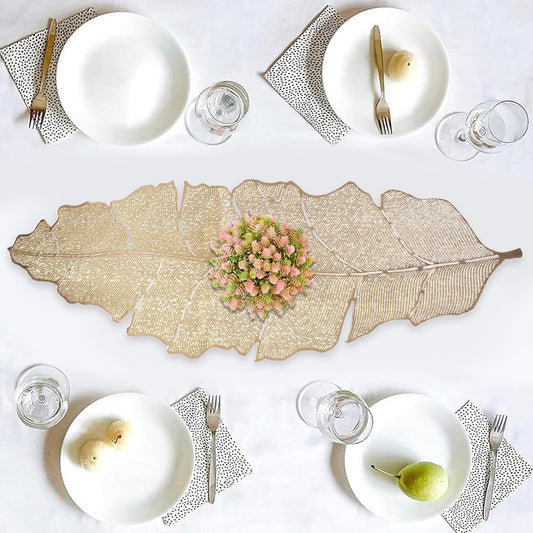 Elegant Formal Golden Leather Leaf Pattern Table Runner 92x34 cm | Durable Dining Table Decor, Home Kitchen