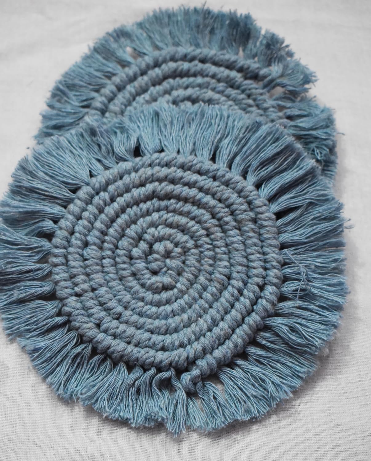 Light Blue Macrame Handwoven Cotton Coaster Set – 6" Diameter, 2-Pack