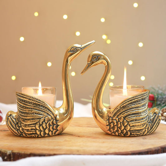 Gold Aluminium Good Luck Love Pair of Swans Showpiece | Candle Holder Home Decor Wedding Gift for Couples