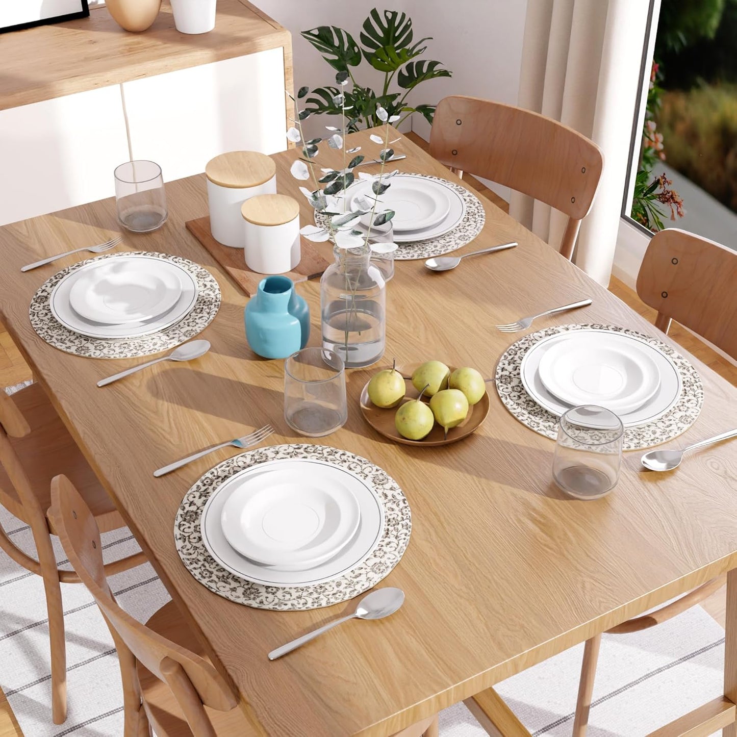 Handmade Ribbed Printed Grey Round Table Mats Set of 4 | Heat-Resistant, Washable Placemats for Dining