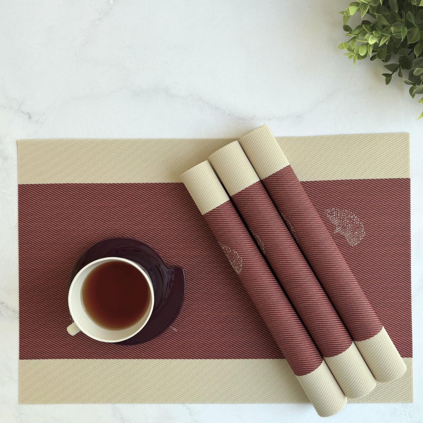 Premium Garnet Bloom Woven PVC Dining Table Placemats Set of 4 | Anti-Skid, Wipeable Kitchen & Table Decor Mats