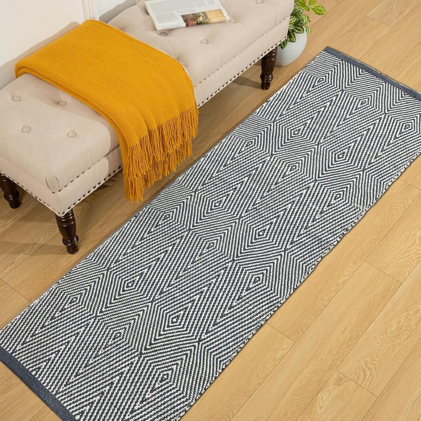 Hand Woven Natural Cotton Designer Rug, Carpet, Bedside Runner 2x5 ft (Maroon & Black) | Washable Floor Mat for Bedroom, Living Room