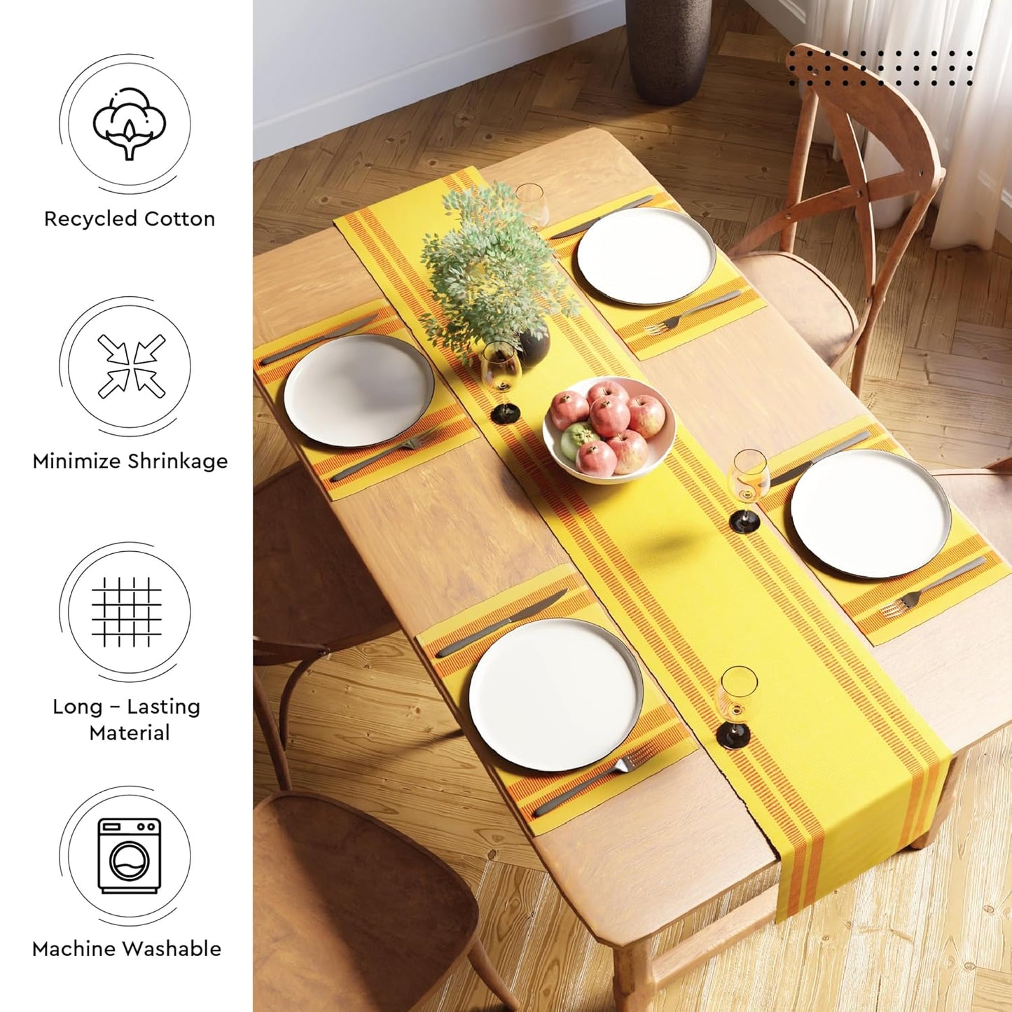 Modern Ladder Lemon Fine Ribbed Cotton Dining Table Runner 32x183 cm for 4-6 Seater | Machine Washable Kitchen Decor