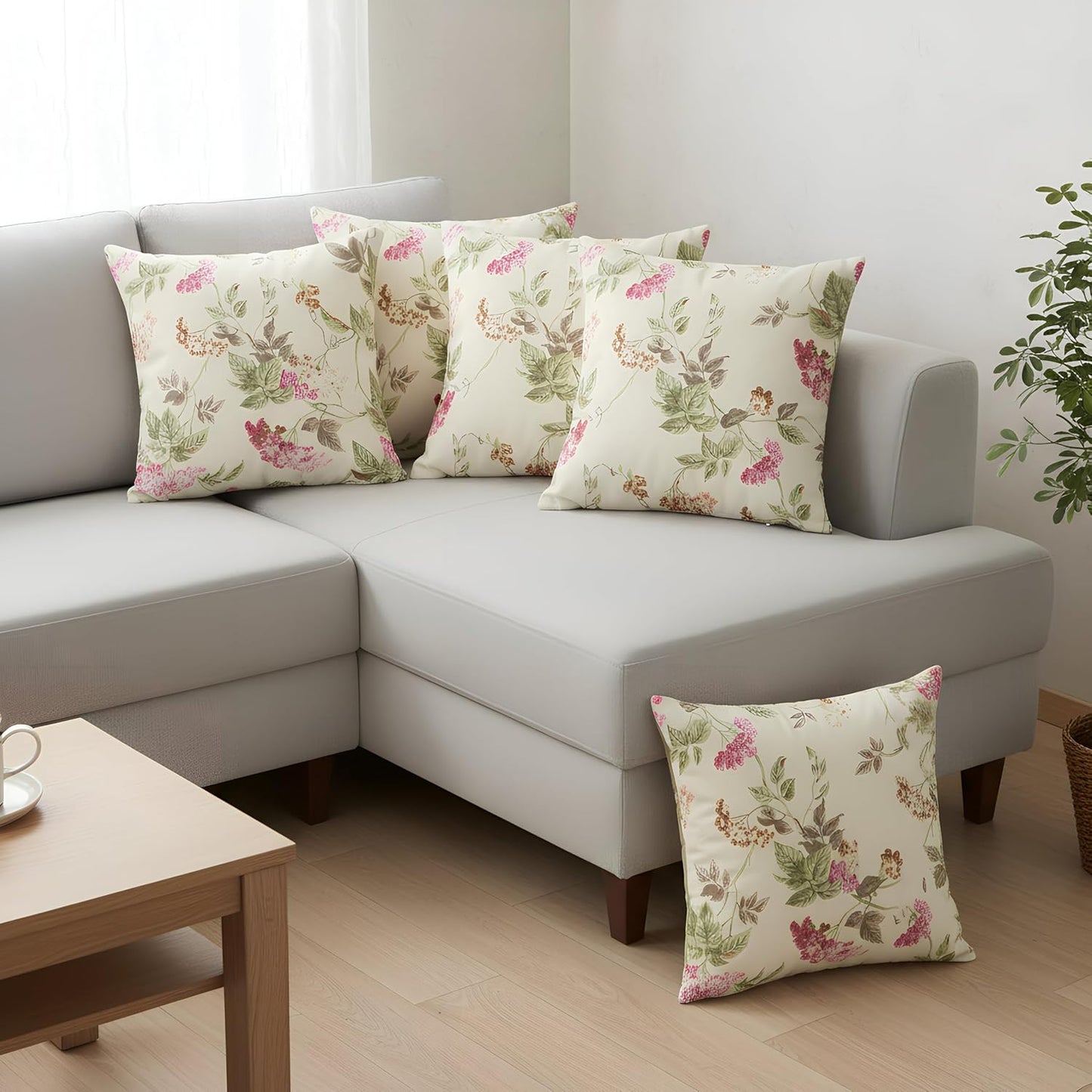 Floral Print Cushion Cover – Soft Cotton, Hidden Zipper – 16x16 Inch, Set of 5