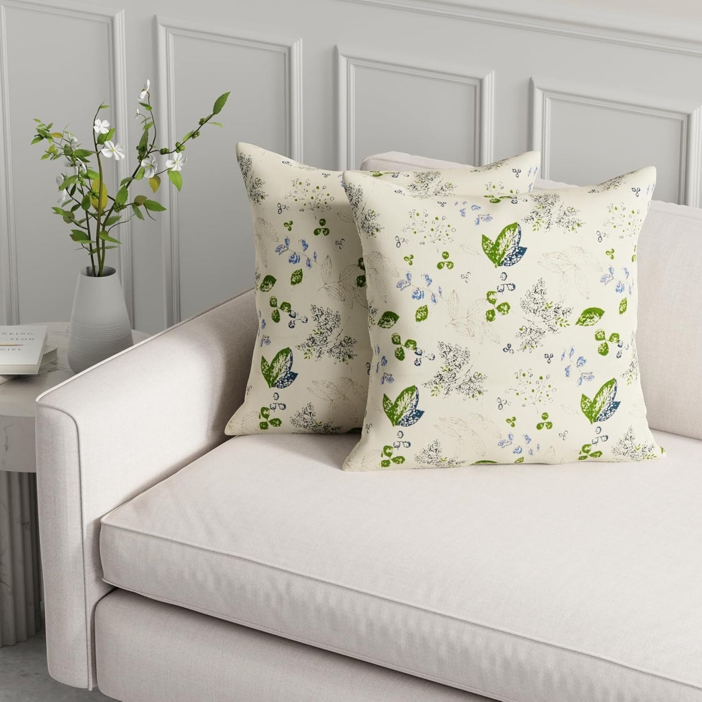 Cushion Cover – Decorative Pillow Set – Durable Heavy Cotton Green Leaf Floral – 16x16 inch, Set of 2