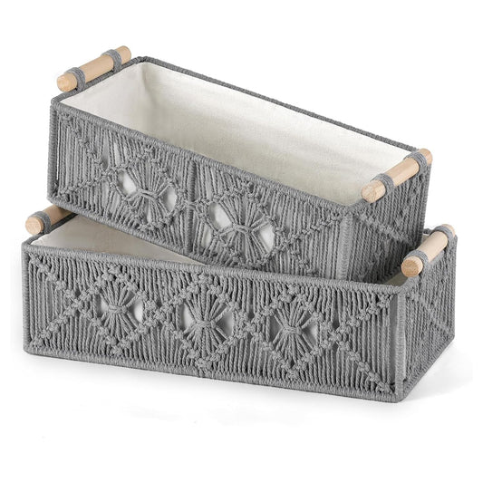 Woven Storage Baskets – Cotton Lined, Wood Handles – 2pc Set