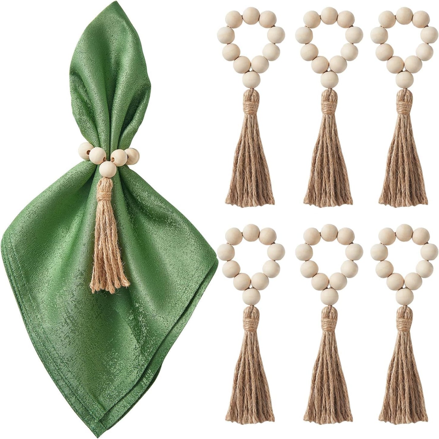 Ronds de serviette en perles de bois – Accessoires de table – Bois naturel, pompon, élastique – Lot de 6