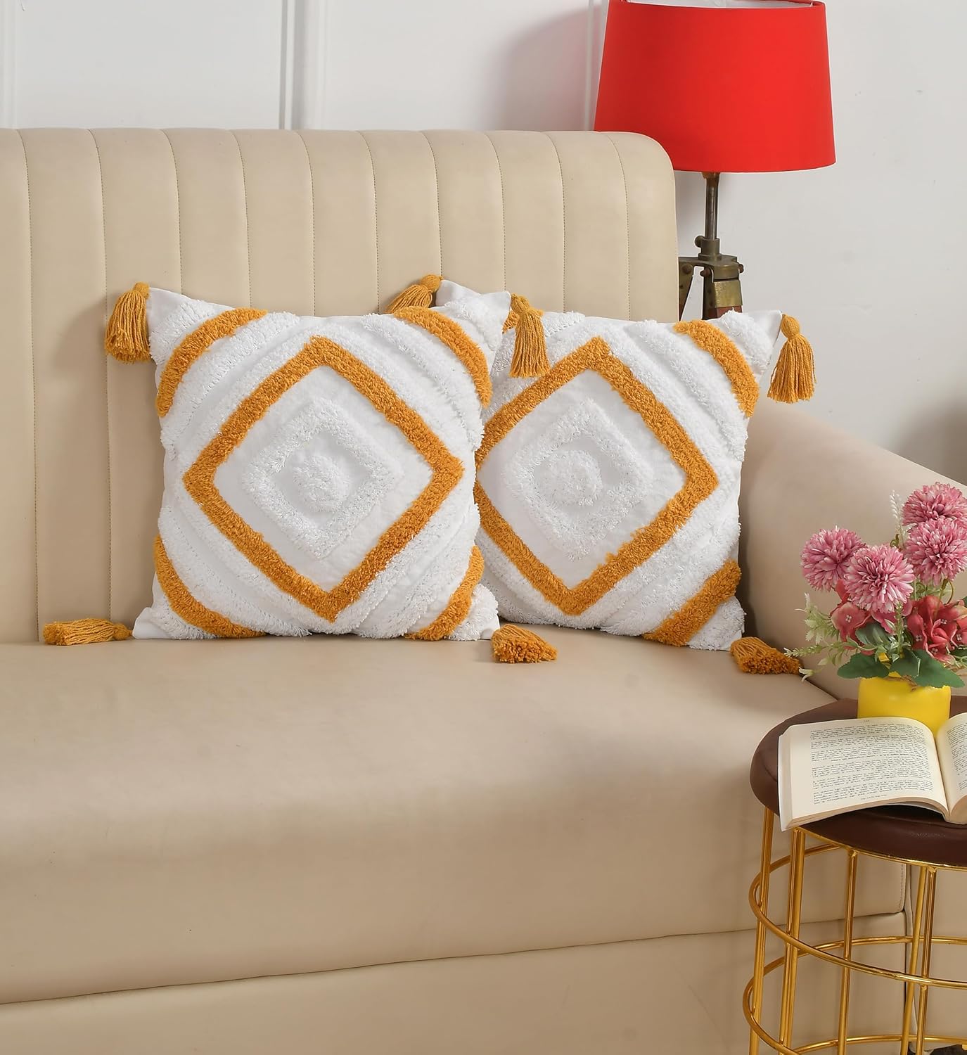 Boho Tufted Cushion Cover 16x16 inch Pack of 2 | Decorative Throw Pillow Covers for Sofa Bed Living Room