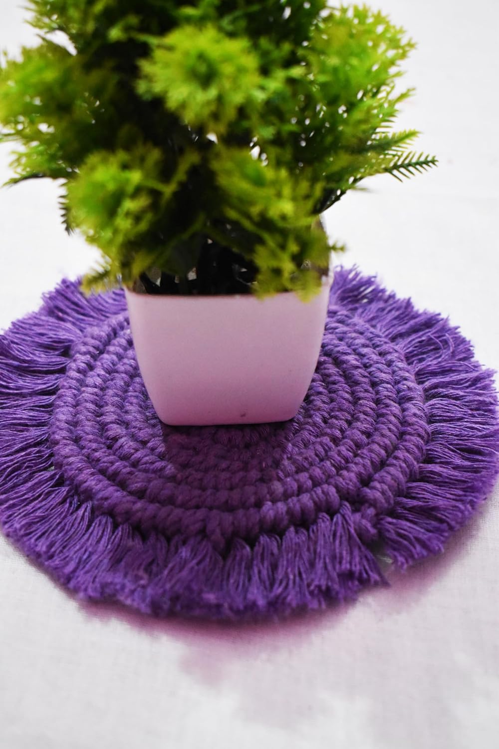 Purple Macrame Handwoven Cotton Coaster Set – 6" Diameter, 2-Pack