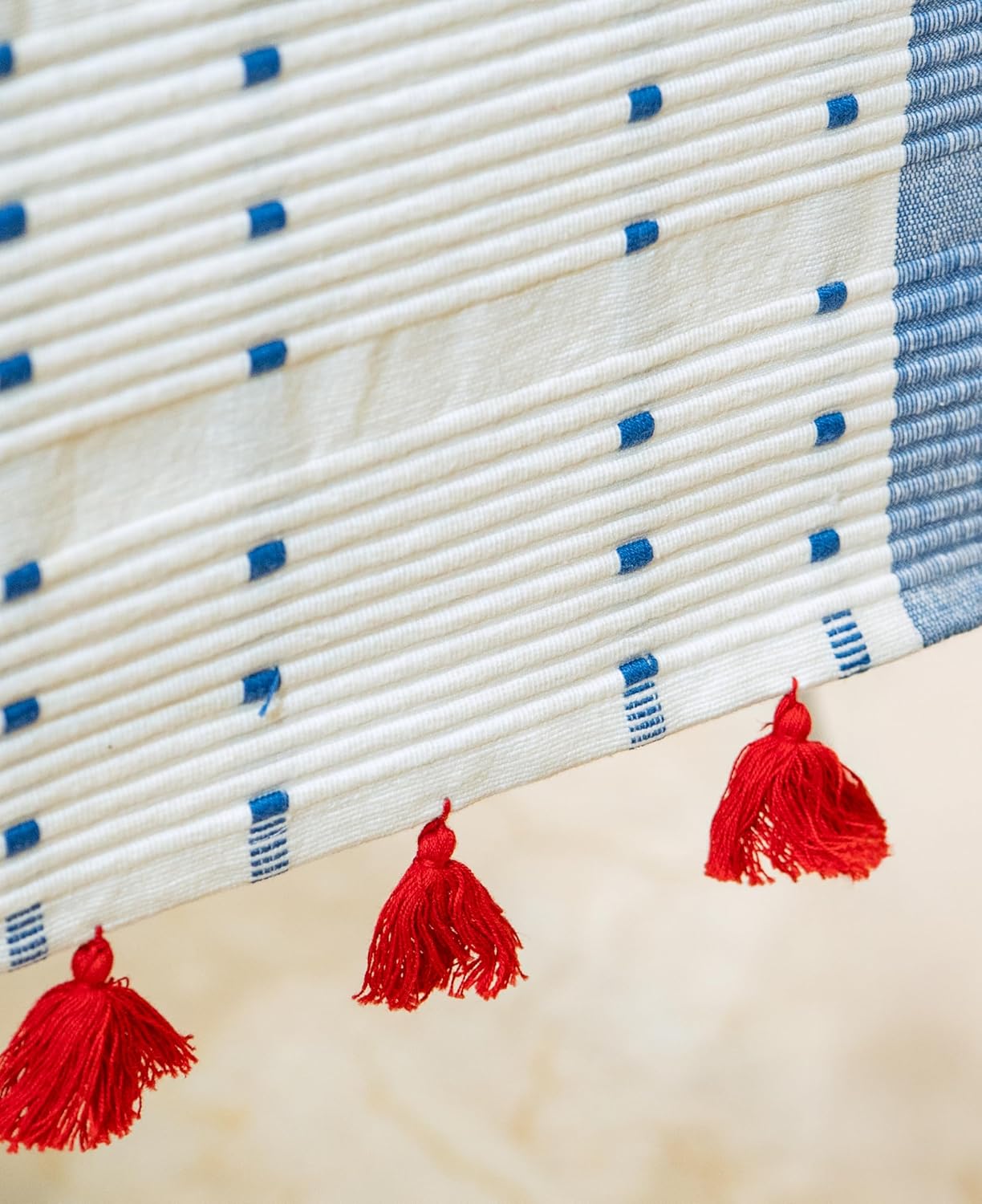 Boho Ribbed Cotton Table Runner, Thick Weave with Bright Tassels, 76x15 inch 6 Seater | Dining Decor, Kitchen Linen