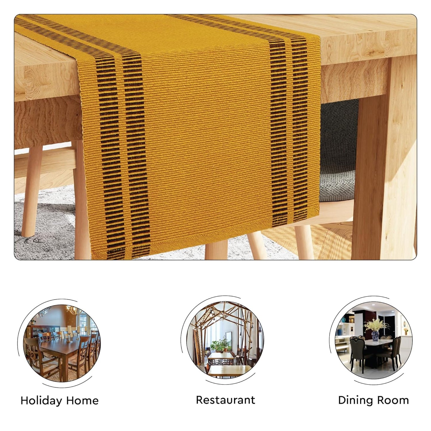 Modern Ladder Yellow Yarn Dyed Fine Ribbed Cotton Dining Table Runner 32x183 cm (4-6 Seater) | Kitchen Decor, Washable Table Linens