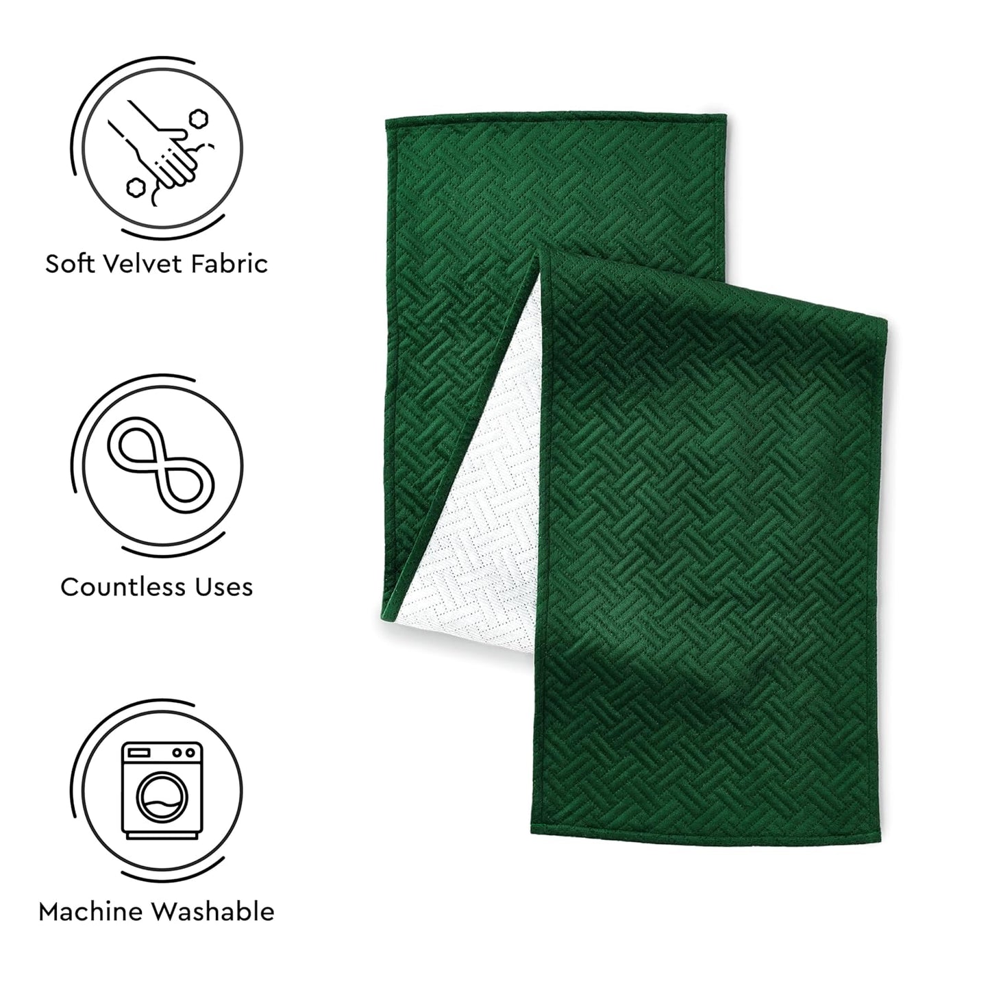 Forest Green Quilted Velvet Dining Table Runner 32x150 cm for 4-6 Seater | Machine Washable, Home Decor, Kitchen Linens