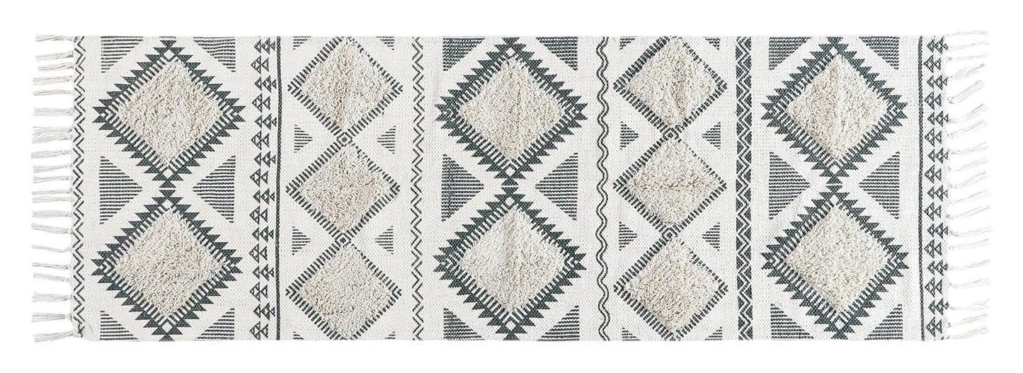 Hand Woven Tufted Black & Natural White 100% Cotton Rug Runner 2x5 Feet | Premium Bedroom Living Room Hallway Decor
