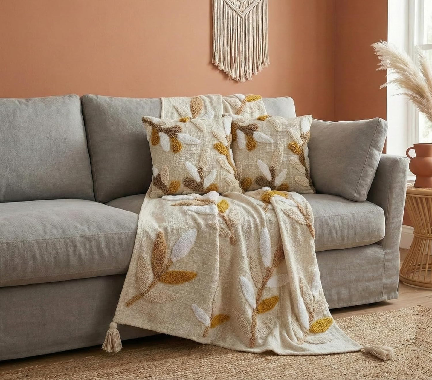 Hand Tufted Cotton Sofa Throw & Cushion Set – Coordinated 3-Piece Decor – 50x60" Throw, 2x 16x16" Covers