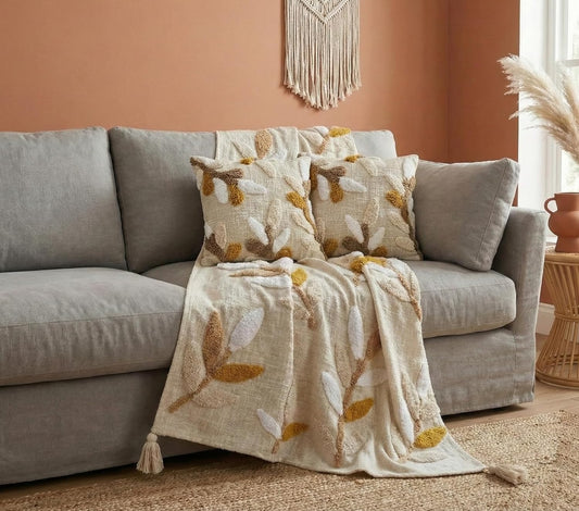 Hand Tufted Cotton Sofa Throw & Cushion Set – Coordinated 3-Piece Decor – 50x60" Throw, 2x 16x16" Covers