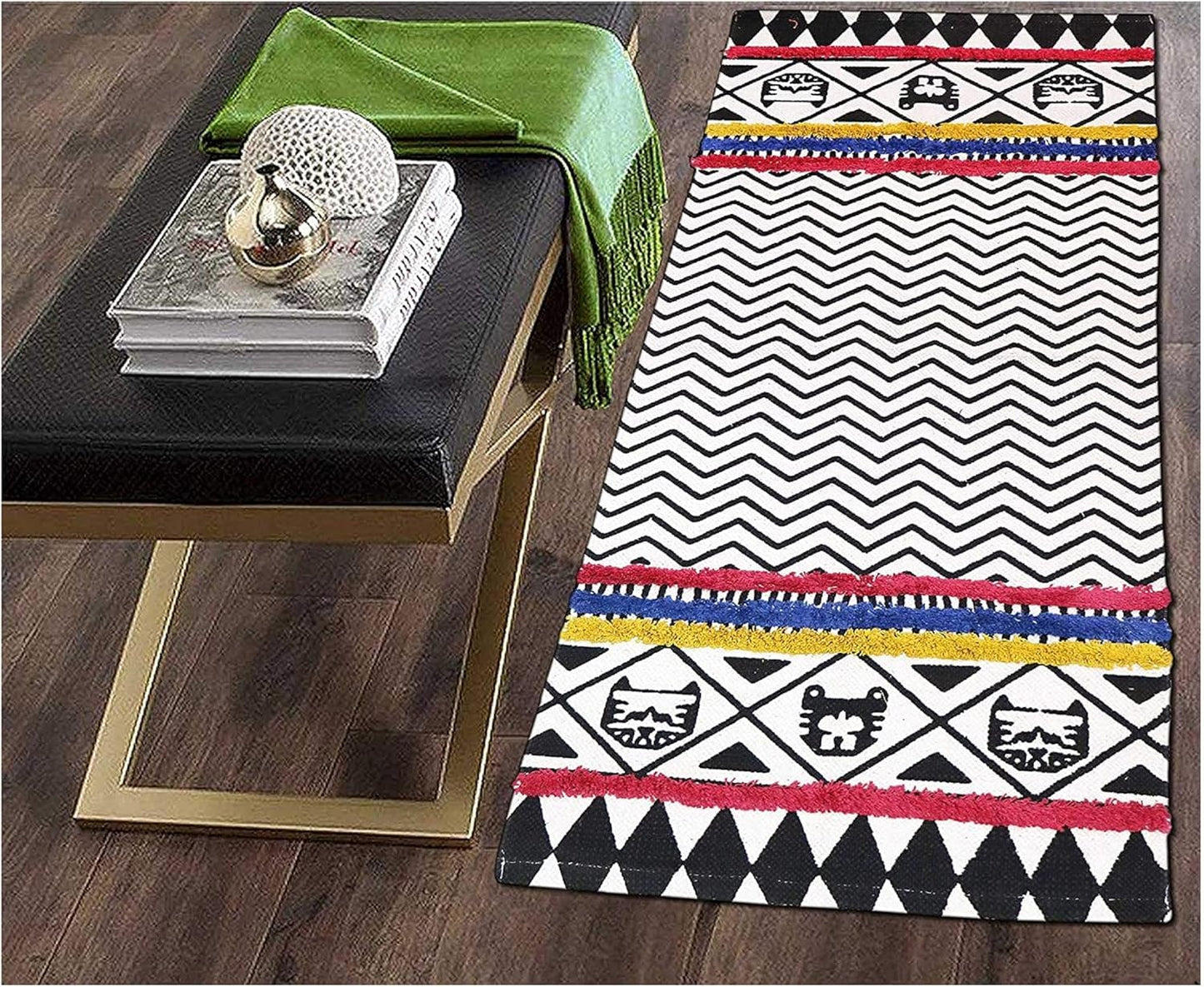 Hand Woven Natural Cotton Designer Rug, Carpet, Bedside Runner 2x5 ft (Maroon & Black) | Washable Floor Mat for Bedroom, Living Room