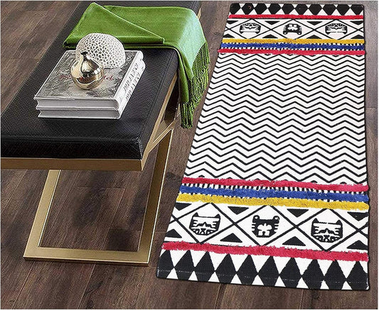 Hand Woven Natural Cotton Designer Rug, Carpet, Bedside Runner 2x5 ft (Maroon & Black) | Washable Floor Mat for Bedroom, Living Room