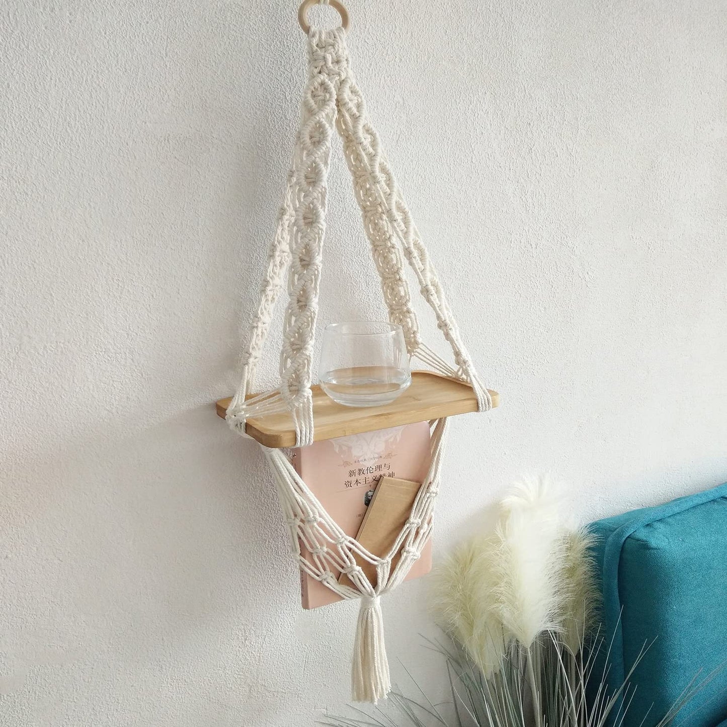 Floating Wall Shelf – Hand-Knotted Cotton & Wood – 12x5in Plank