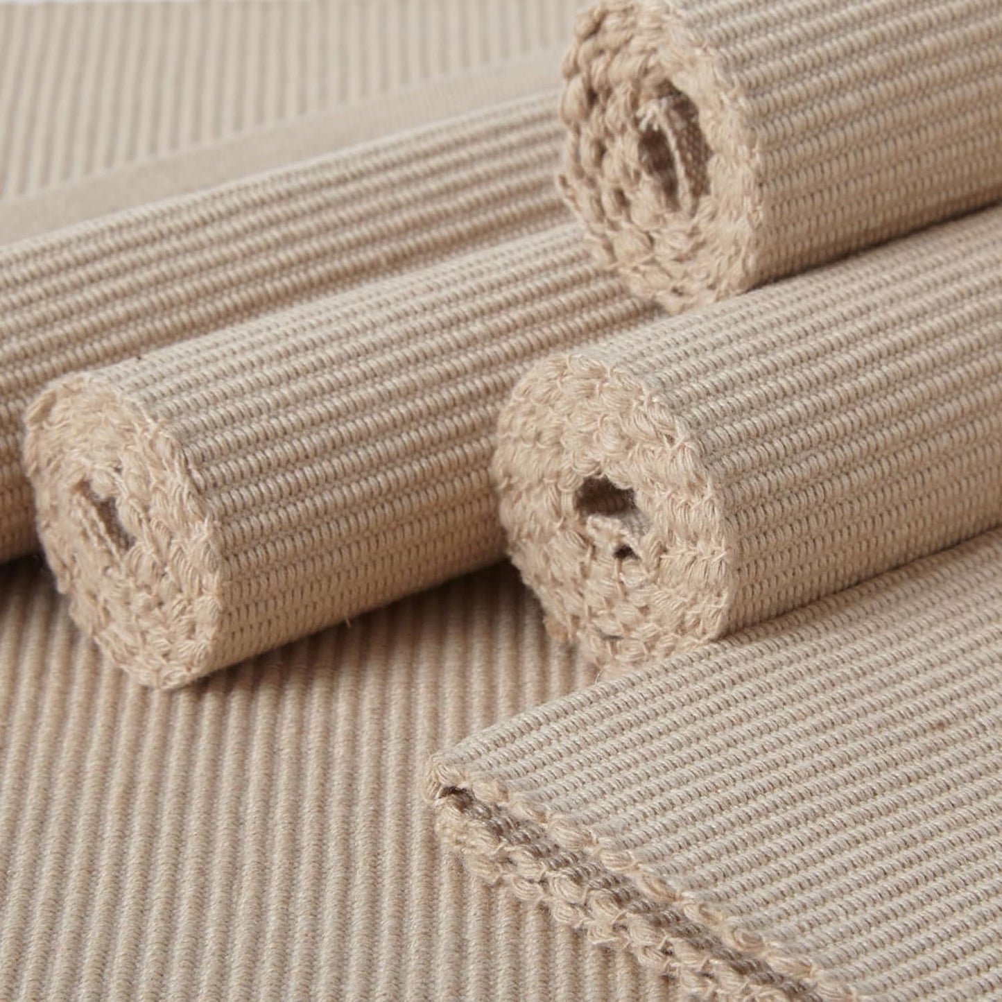 Solid Beige Ribbed Cotton Dining Table Mats Set of 6 (48x32 cm) | Heat-Resistant, Washable Placemats for Kitchen & Dining