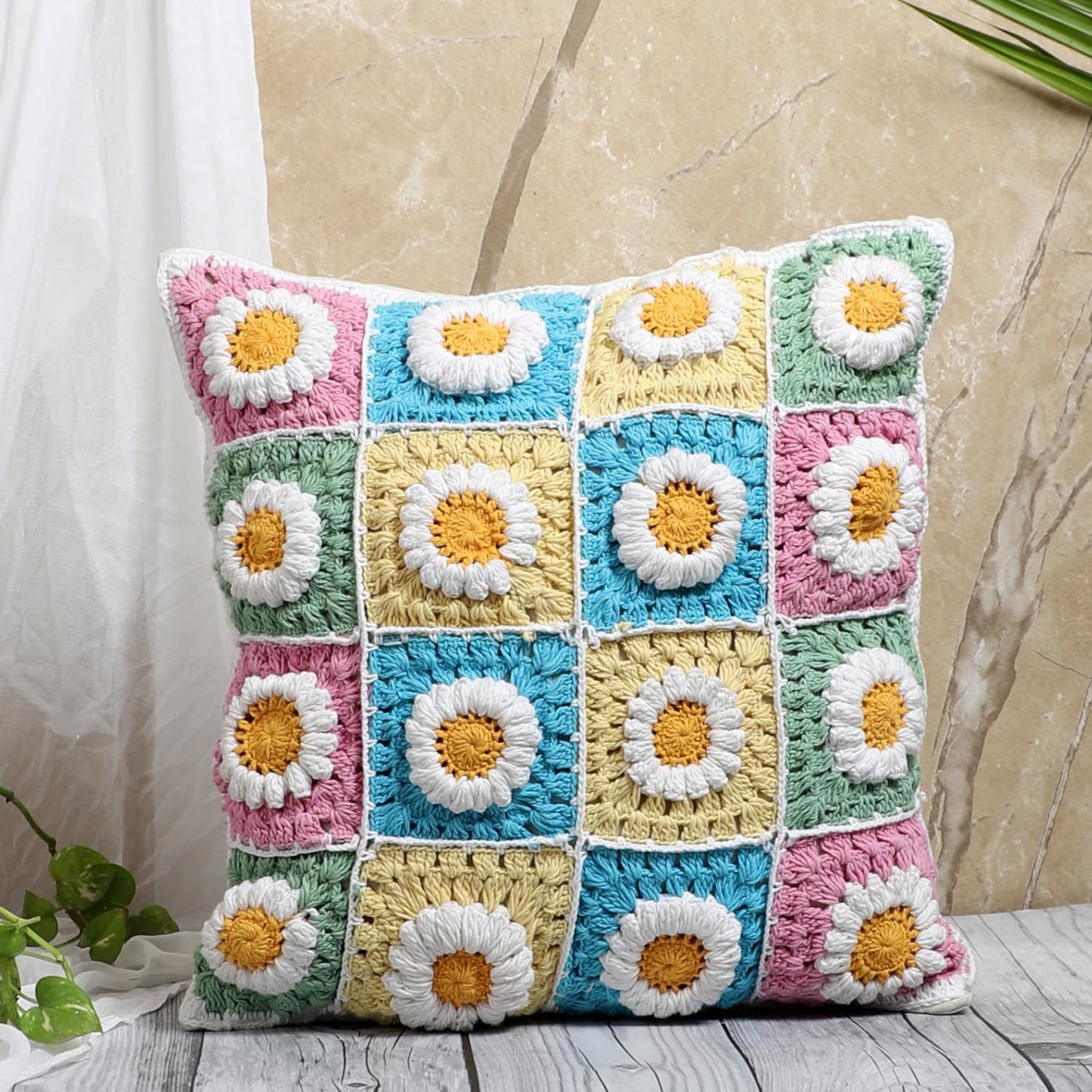 Hand-Crocheted Boho Floral Cushion Cover - Premium Cotton – 16x16 in