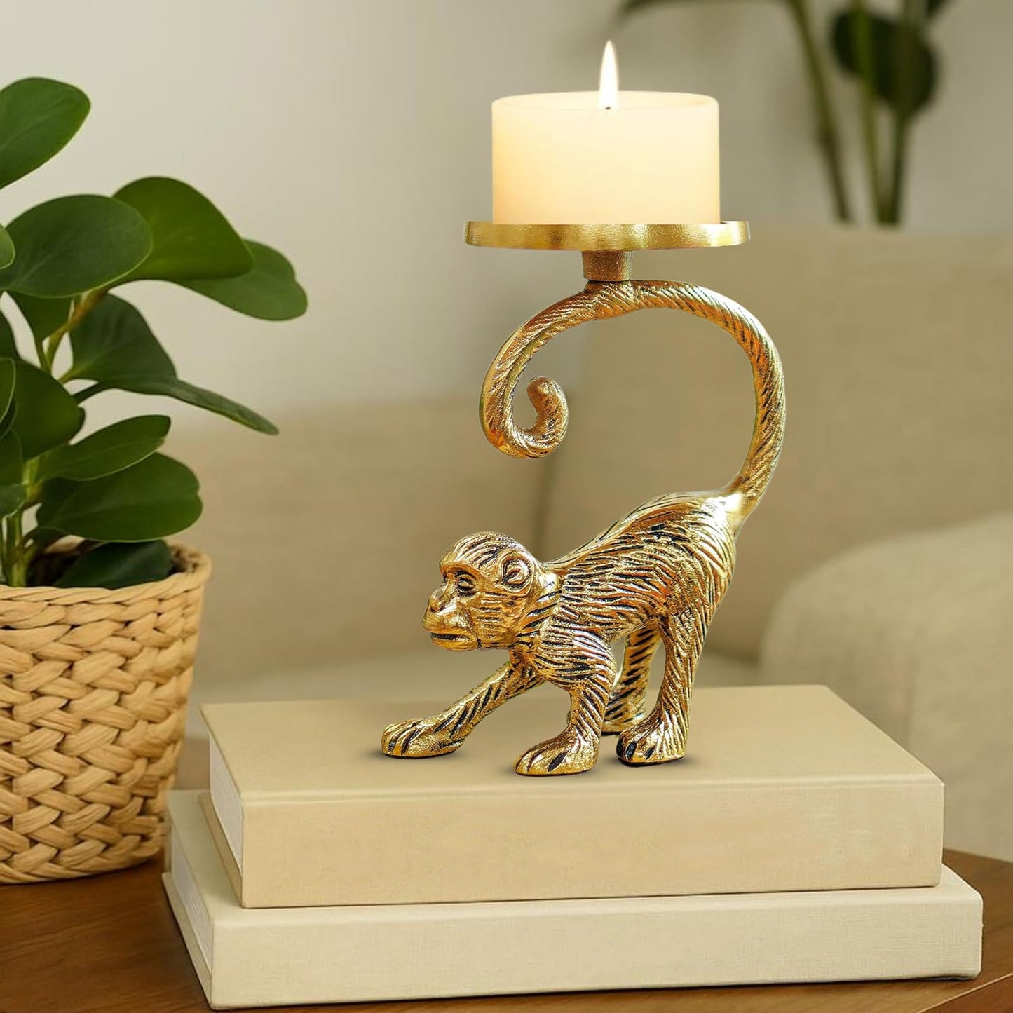 Artistic Metal Monkey Pillar Candle Holder Stand for Home Decor | Tabletop Showpiece, Gifting, Gold Finish