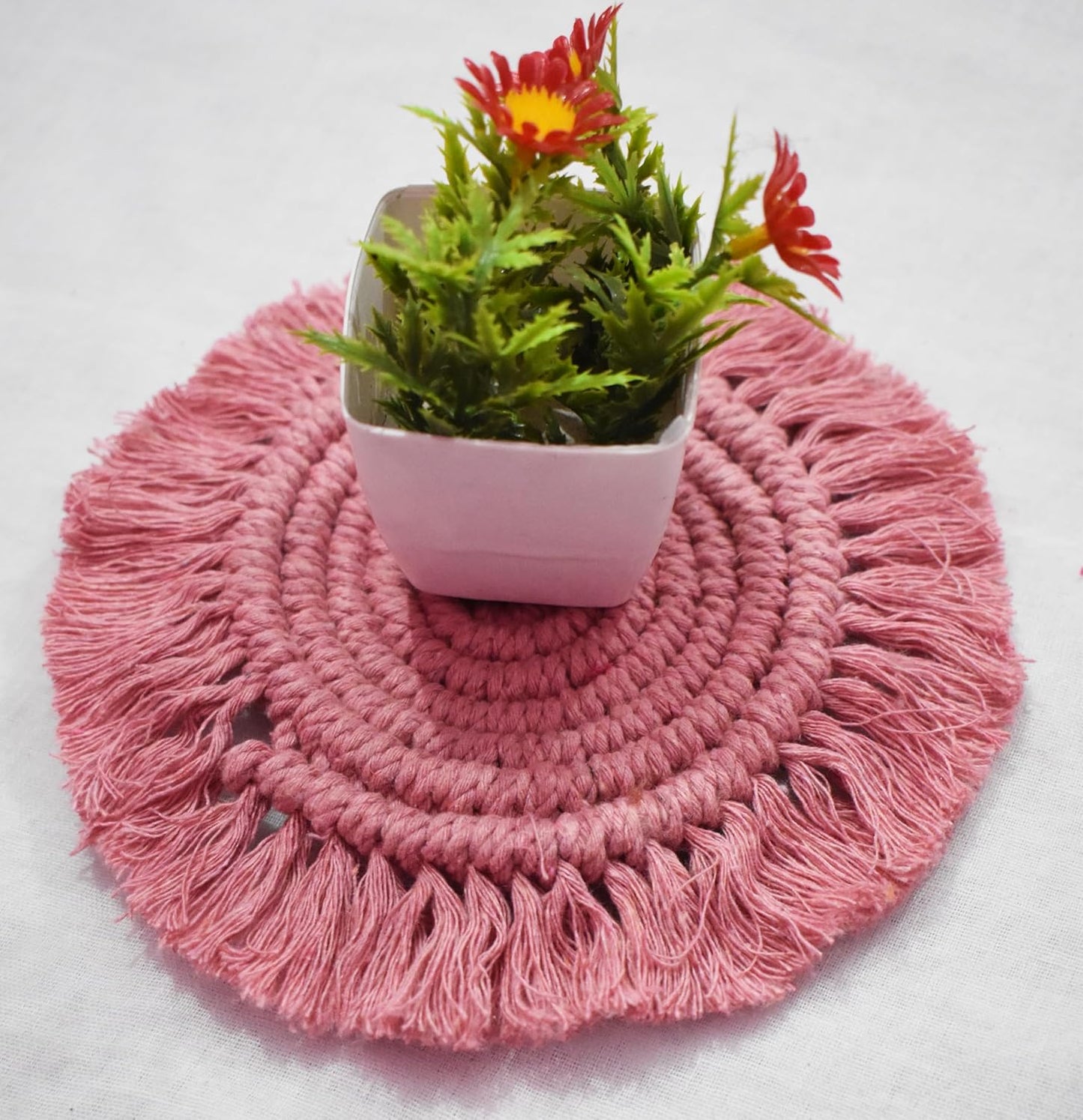 Pink Macrame Handwoven Cotton Coaster Set – 6" Diameter, 2-Pack