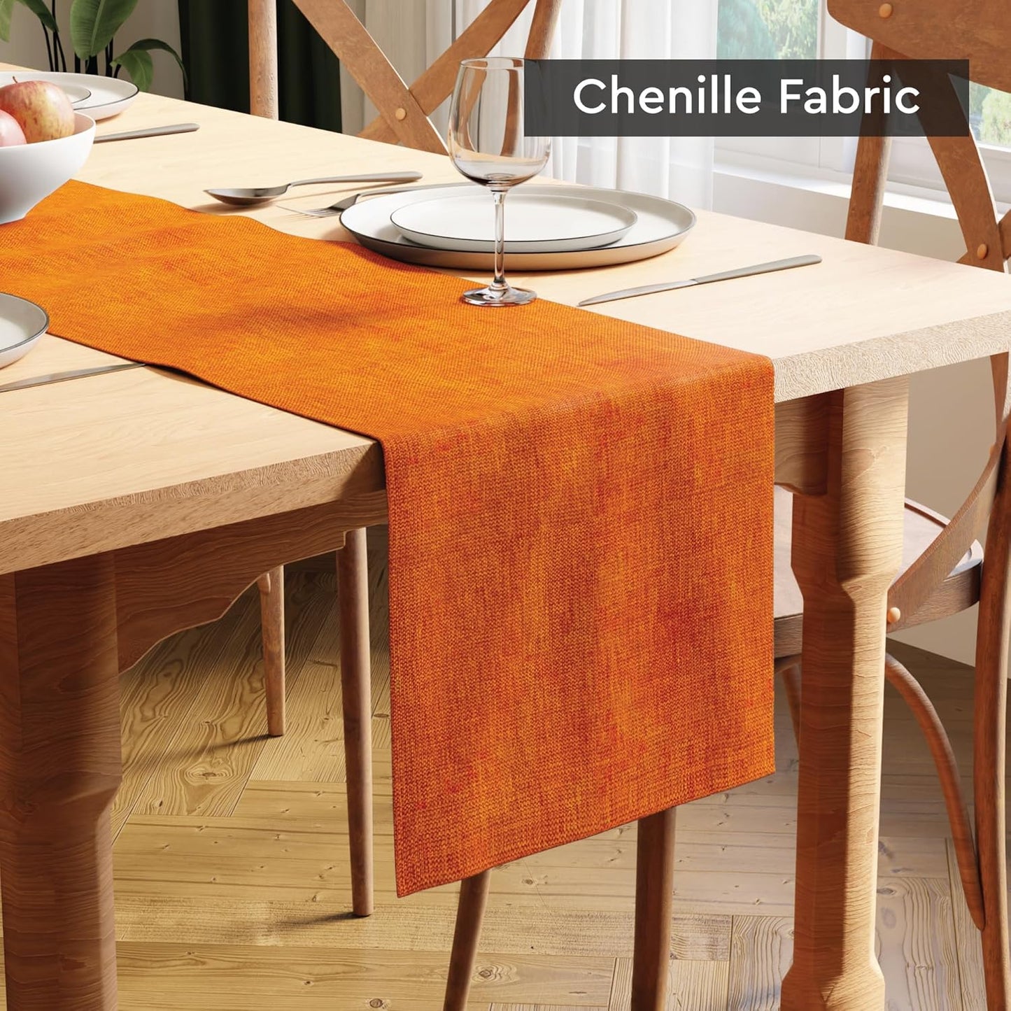 Luxurious Orange Chenille Dining Table Runner 32x150 cm for 4-6 Seater | Machine Washable Home Decor
