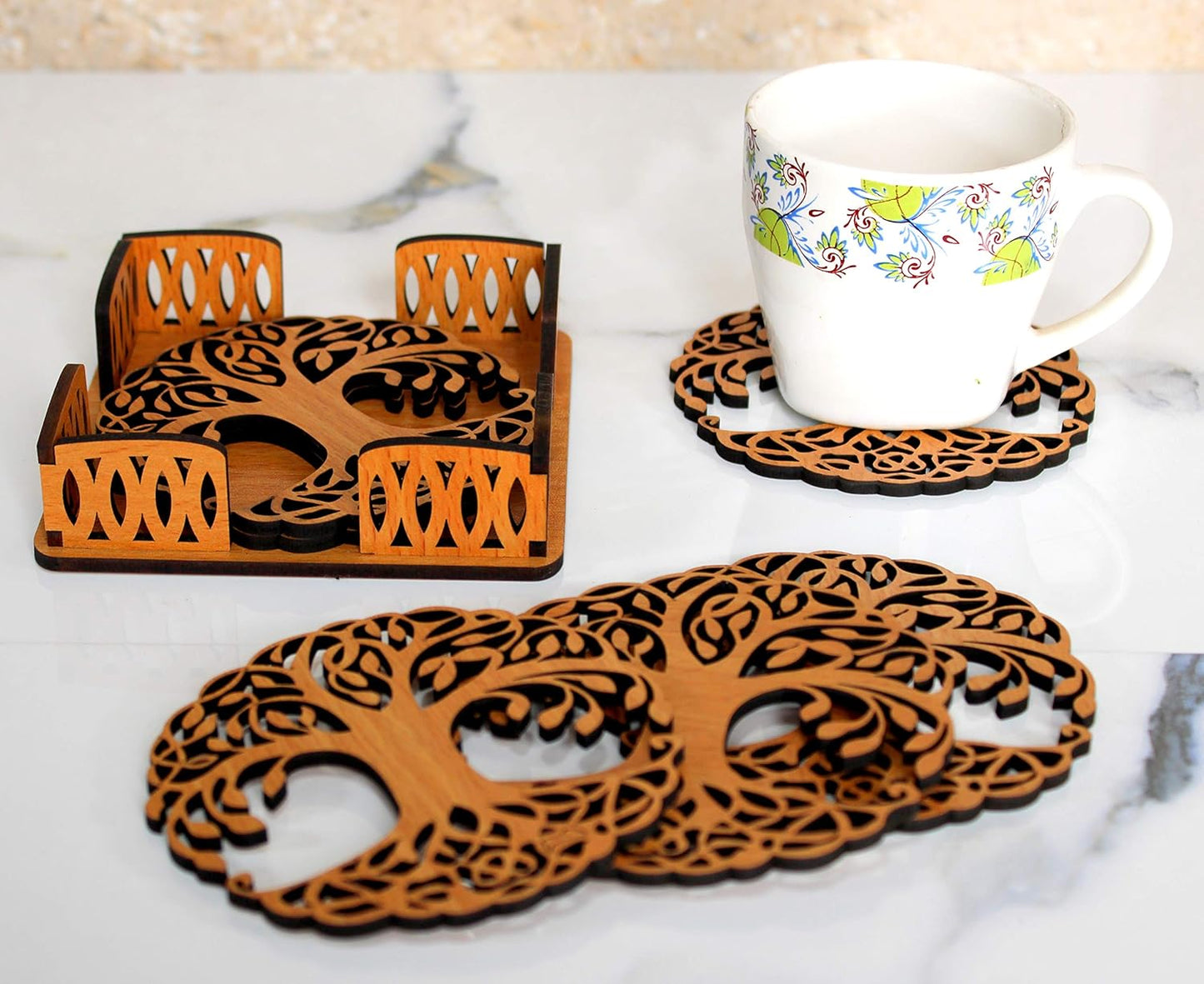Tree of Life Wooden Coasters with Holder - Set of 6 (3.5") | Elegant Table Decor & Drinkware Gift