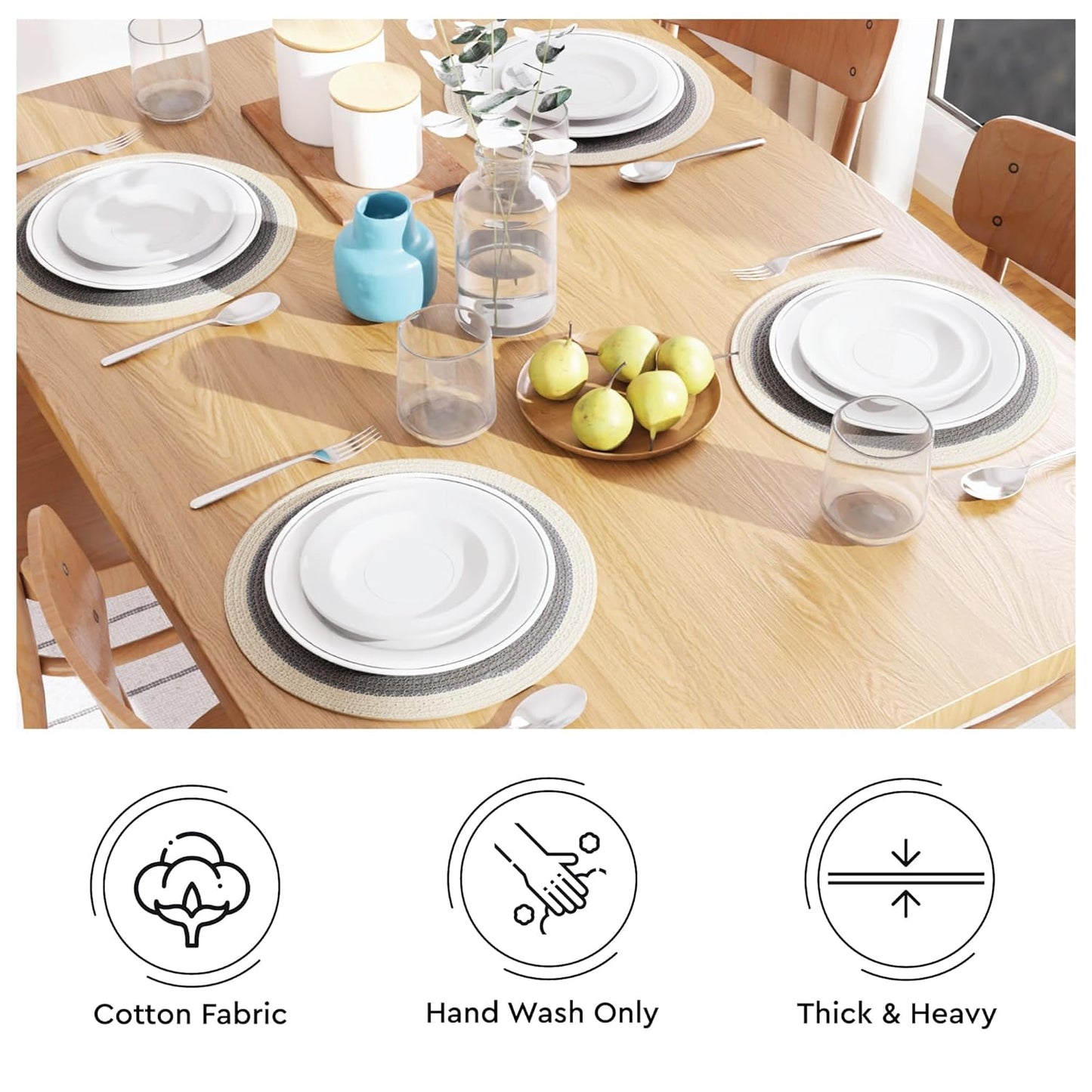 Handmade Ribbed Cotton Round Table Mats Set of 4 | Heat-Resistant, Washable Dining Placemats 32cm, Light Grey