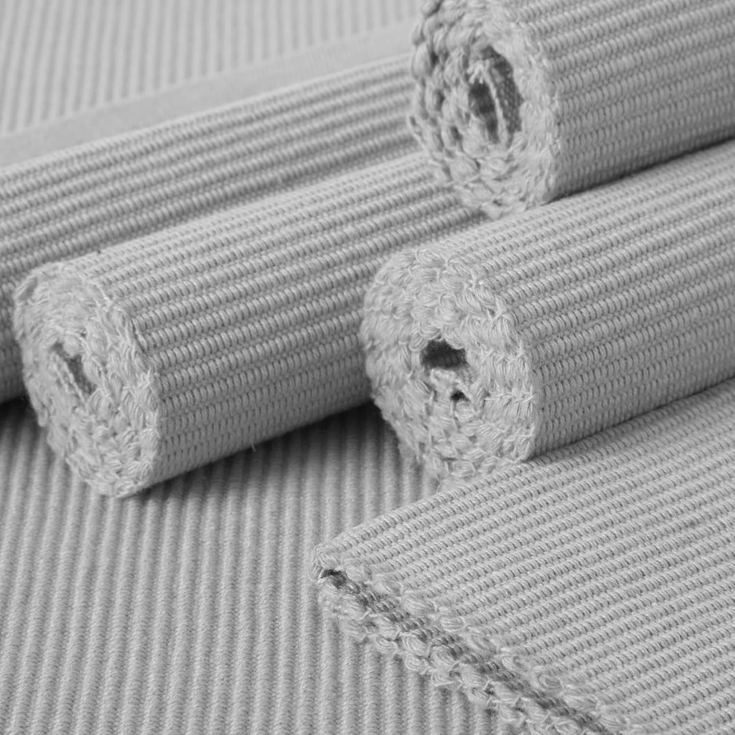 Handmade Light Grey Ribbed Cotton Dining Table Mats Set of 6, 48x32 cm | Heat-Resistant, Washable Placemats