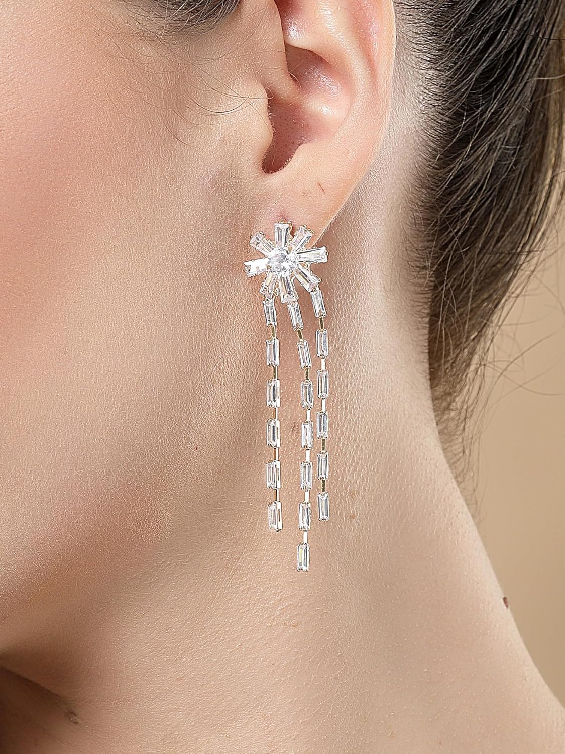 Floral Cubic Zirconia Drop Earrings – Fashion Jewellery – Gold-Plated – Pair