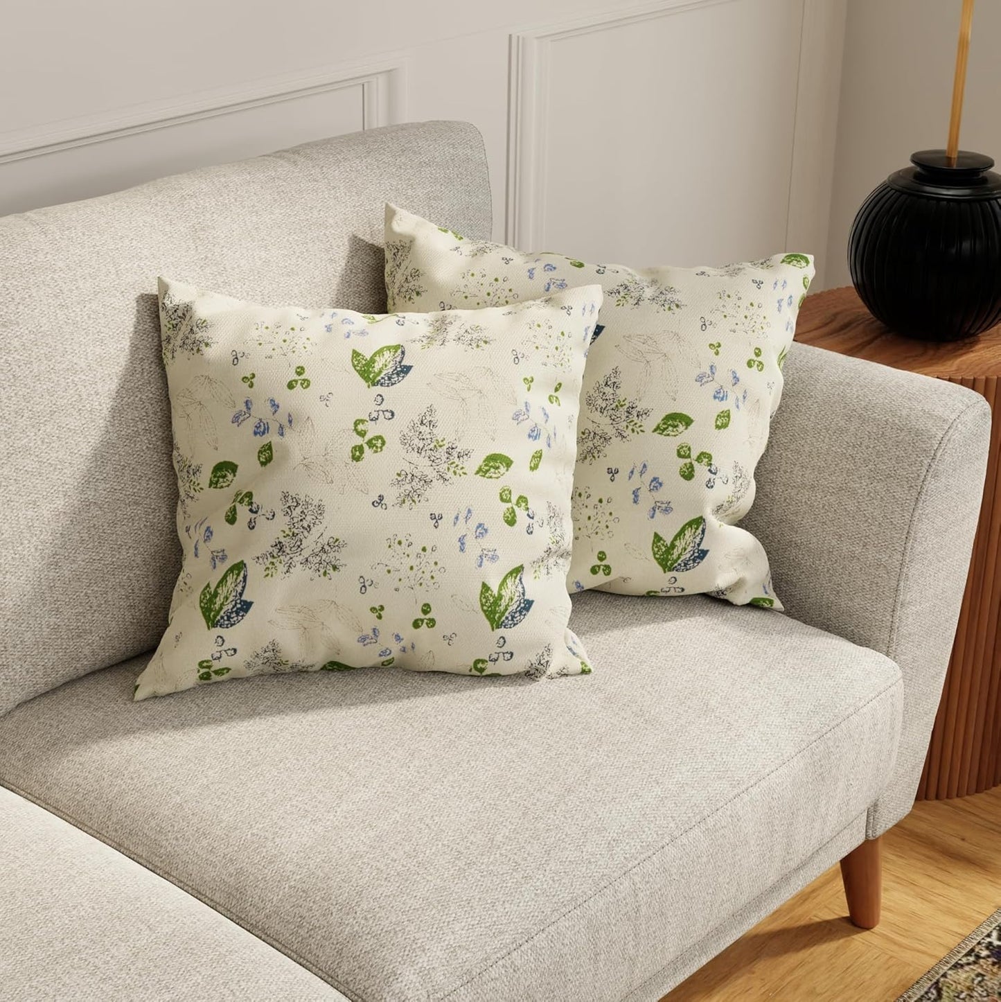 Cushion Cover – Decorative Pillow Set – Durable Heavy Cotton Green Leaf Floral – 16x16 inch, Set of 2