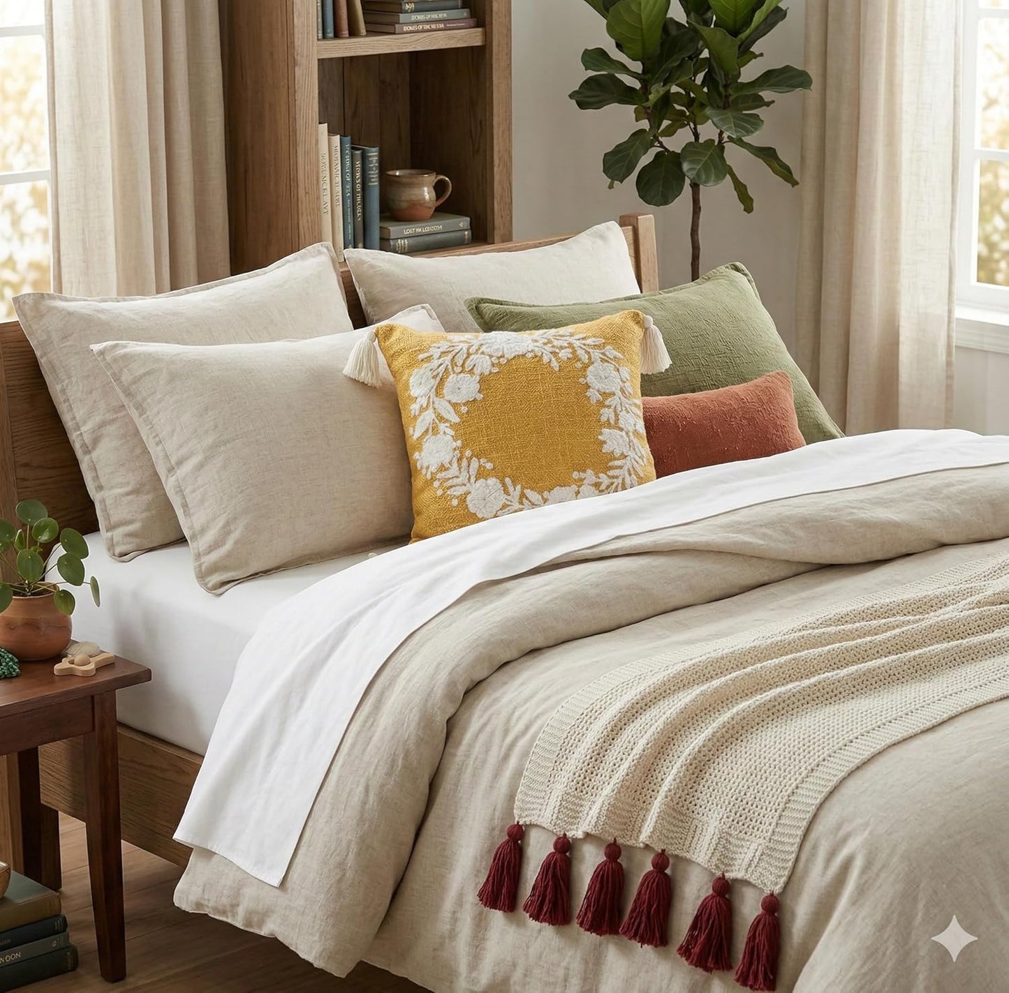 Boho Cushion Cover – Embroidered Slub Cotton Pillow Case – Tufted Tassels – 16x16 Inch