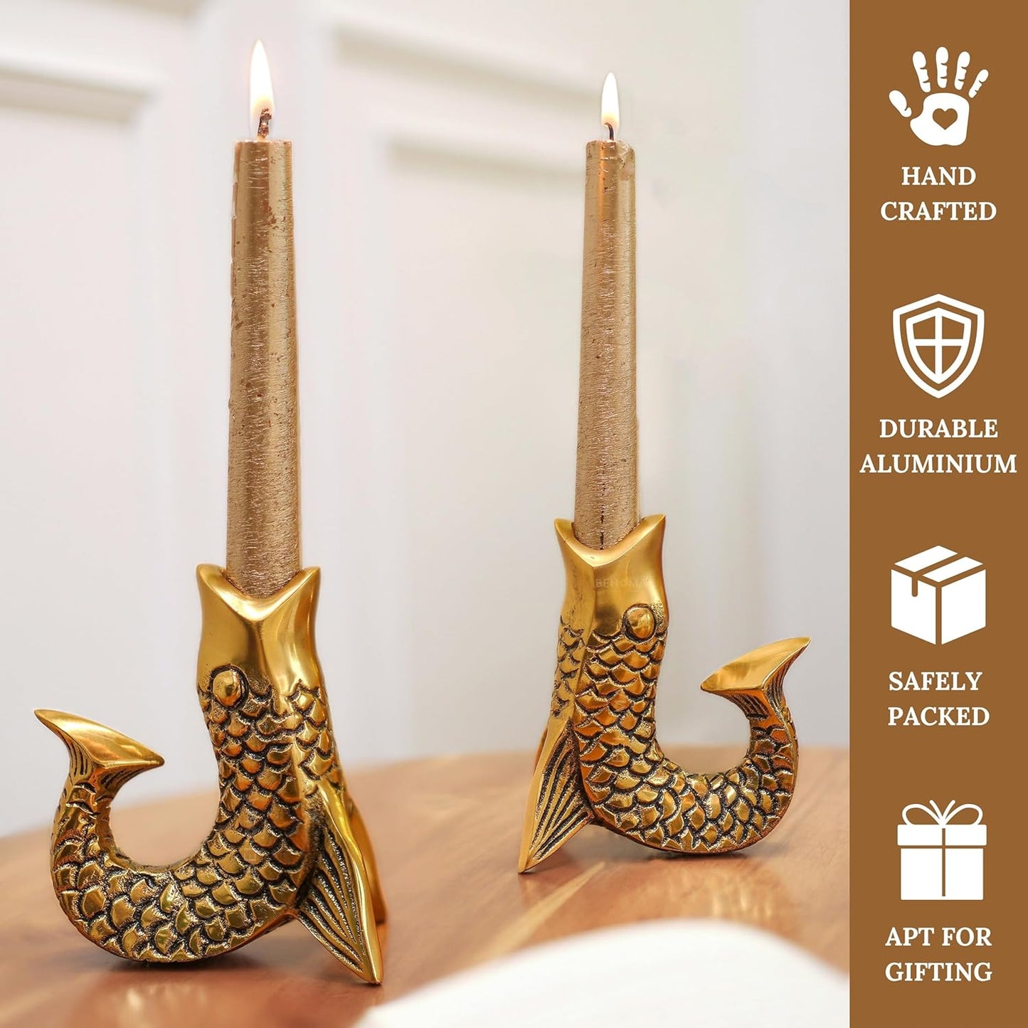 Elegant Antique Gold Fish Figurine Taper Candle Holder Set of 2 | Home Decor Tabletop Living Room Showpiece Gift