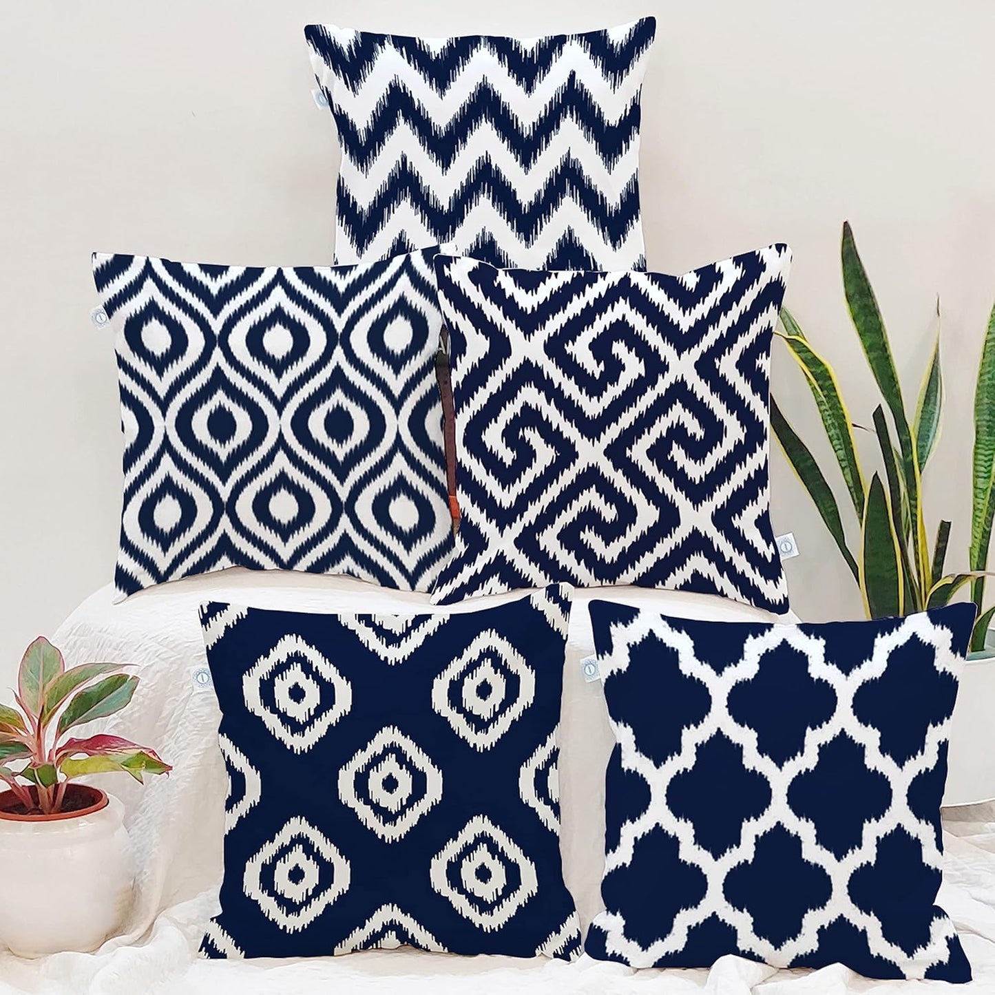 Elegant Blue & White Ikat Geometric Polycotton Cushion Covers Set of 5 (16x16) | Sofa & Living Room Decor Throw Pillow Covers