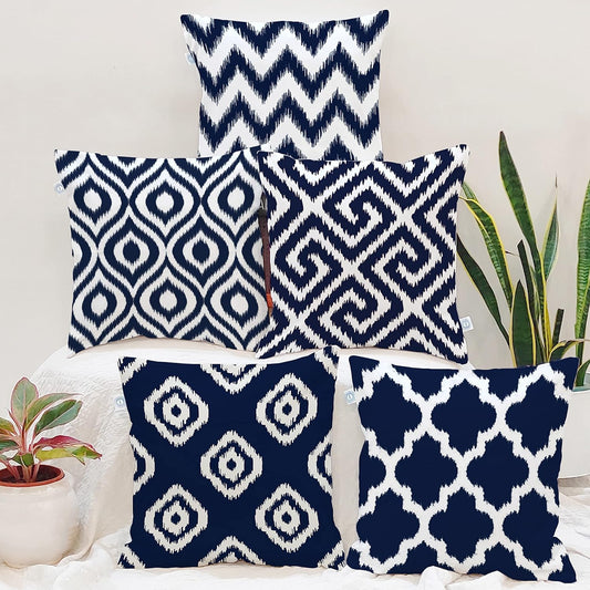 Elegant Blue & White Ikat Geometric Polycotton Cushion Covers Set of 5 (16x16) | Sofa & Living Room Decor Throw Pillow Covers