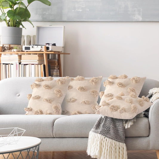 Natural Elegance Tufted Pom-Pom Cushion Covers, Soft & Durable, 45x45 cm Pack of 2 | Decorative Pillow Covers for Sofa, Bed, Chair