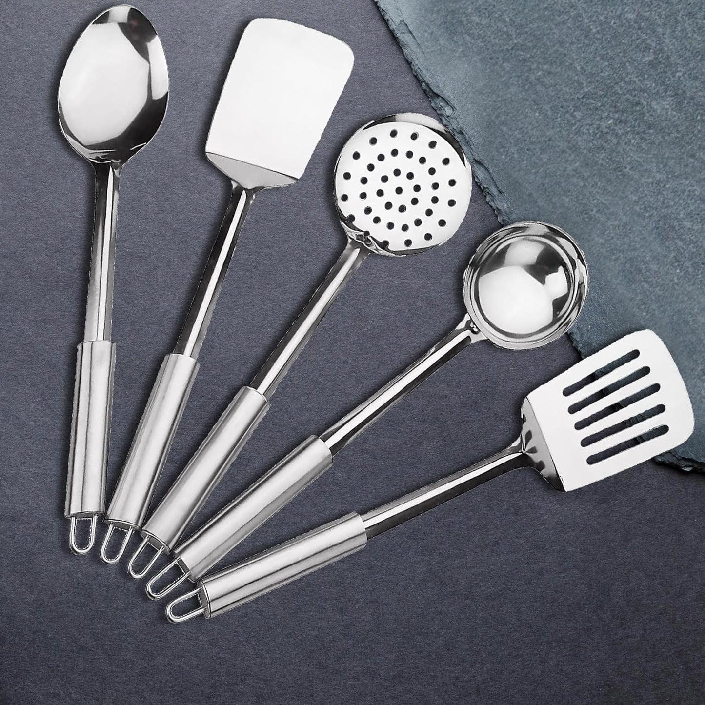 Ensemble d'ustensiles de cuisine avec manche tubulaire en acier inoxydable – 5 pièces – Design ergonomique, 35 cm